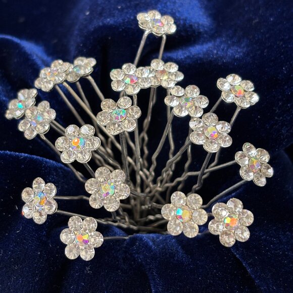 Rhinestone Florets Silver Color Metal Hairpins set of 18 - Picture 1 of 8